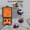 A compact 12V automotive relay tester is shown with various vehicle types including a car, pickup truck, motorcycle, and wago
