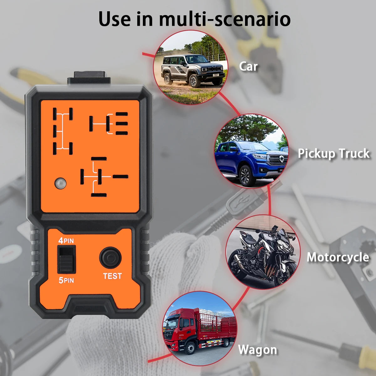 A compact 12V automotive relay tester is shown with various vehicle types including a car, pickup truck, motorcycle, and wago