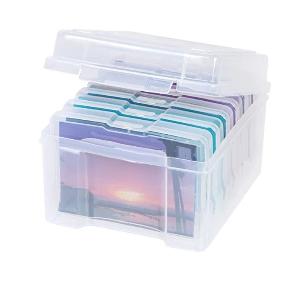 Clear plastic storage box containing several photo strips for 4x6 pictures