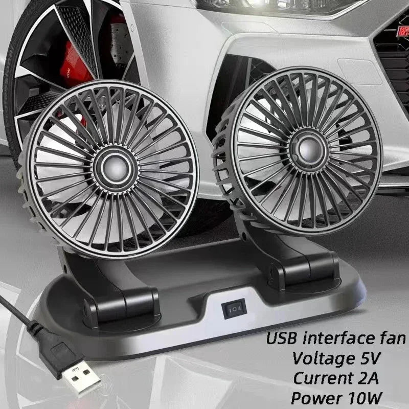 Dual-Head USB Car Fan with Adjustable Speed