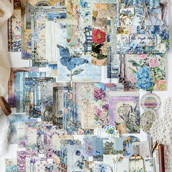 A collage of vintage garden post office decorative paper featuring floral and botanical illustrations in soft blues, greens, 