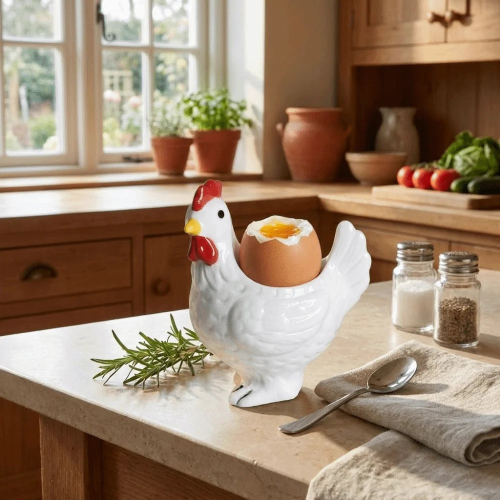 A white ceramic chicken egg cup with a cracked egg resting on it, displayed on a wooden table.