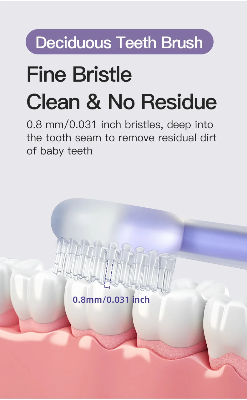 A fine bristle baby toothbrush is shown cleaning a baby tooth, highlighting its small bristles and design.