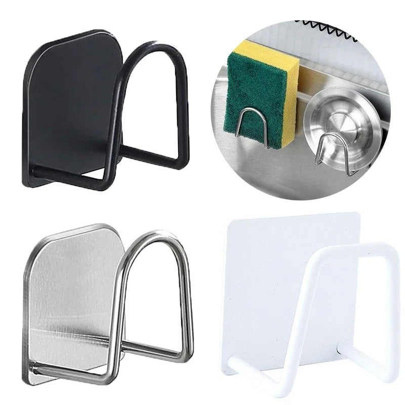Stainless steel wall-mounted sponge holder with drain in black, silver, and white finishes.