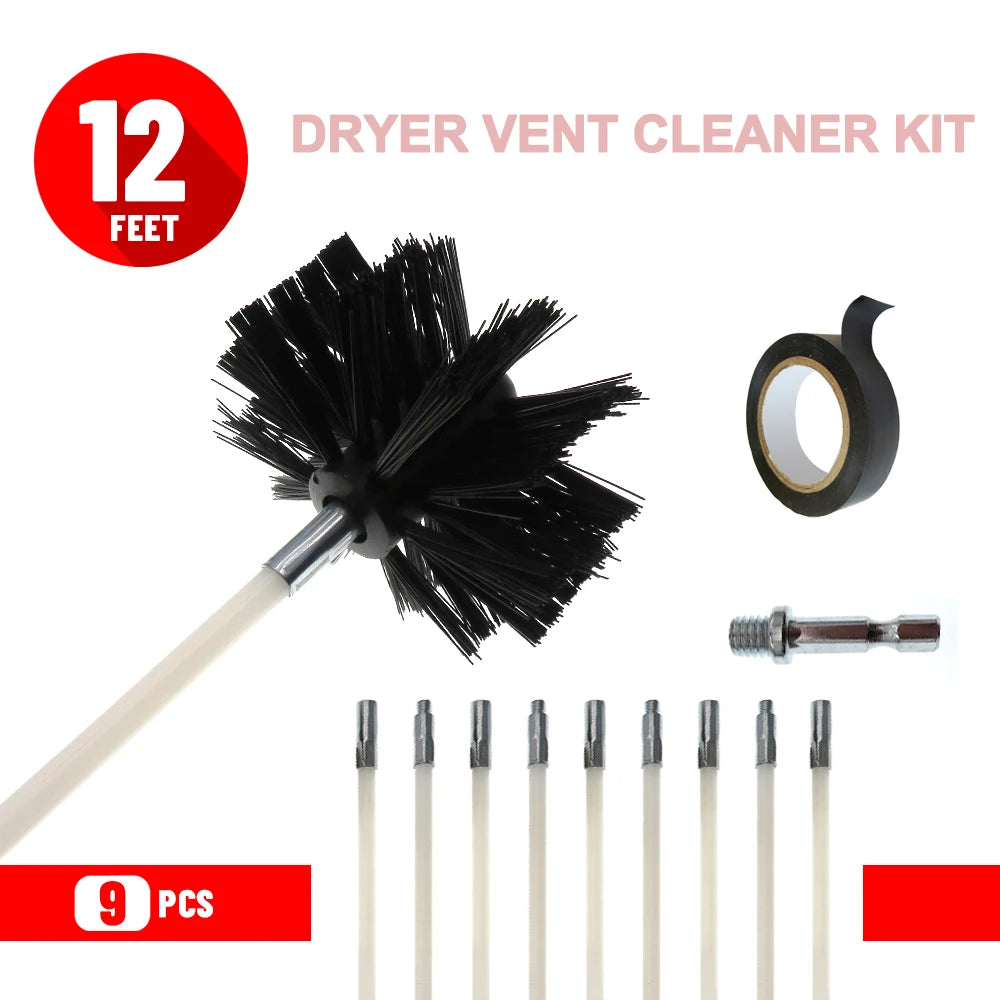 A kit for dryer vent cleaning featuring a long brush and nine cleaning rods.