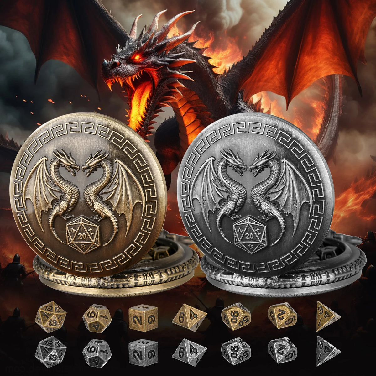A dragon silhouette looms over two silver and gold metal dice cases, with various polyhedral dice scattered below.