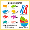 A set of 56 sea animals in 8 colors including rays, sharks, dolphins, octopuses, crabs, lobsters, sea turtles, and whales for
