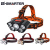 Orange adjustable strap headlamp with five LED lights and battery pack