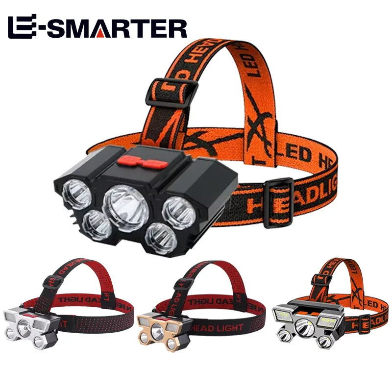 Orange adjustable strap headlamp with five LED lights and battery pack