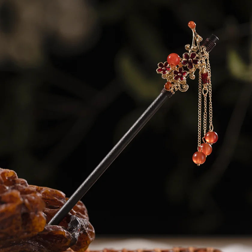 Handcrafted Wooden Hairpin with Flower Tassel