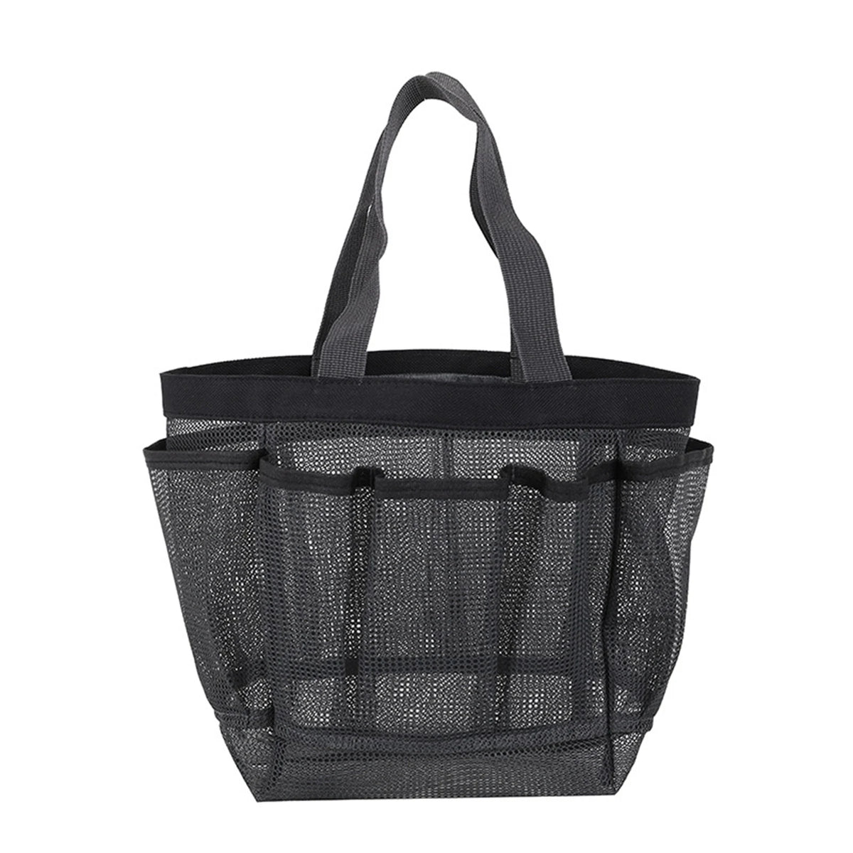 Black waterproof mesh beach tote bag with handles and multiple pockets