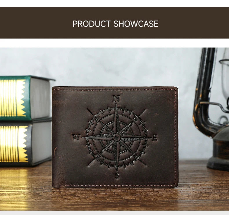 Men's Leather Wallet with Compass Pattern and RFID Protection