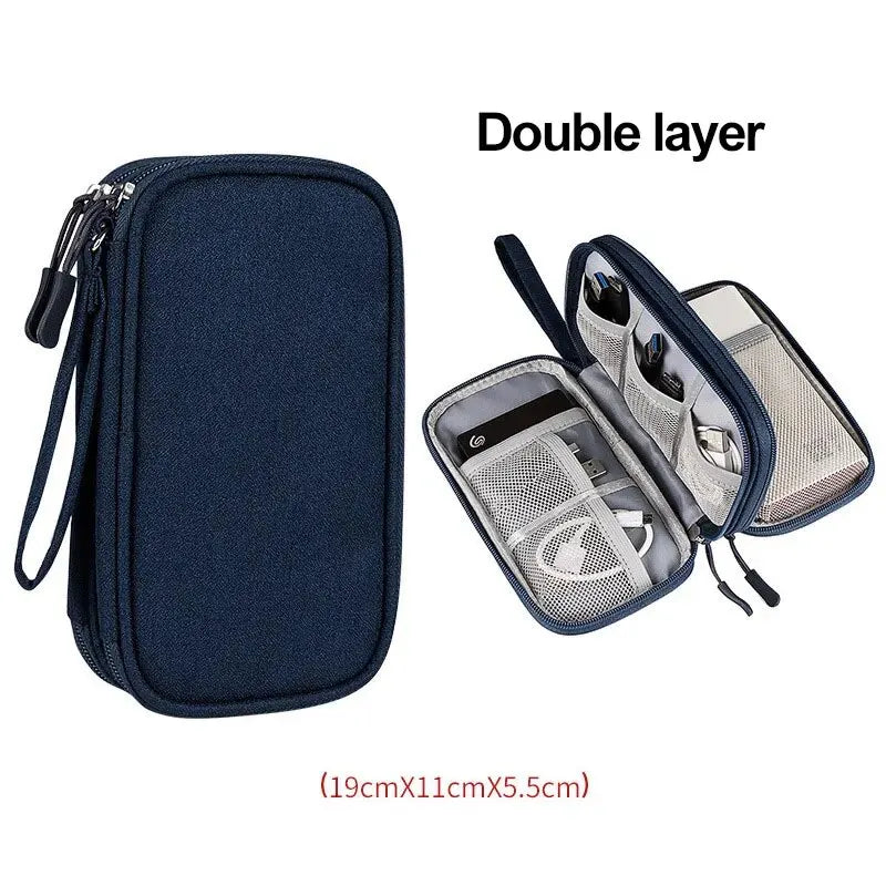 Navy blue double layer travel organizer pouch with a zipper and multiple compartments