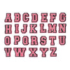 A set of pink and black PVC alphabet pins for decorating shoes, sandals, and clogs.