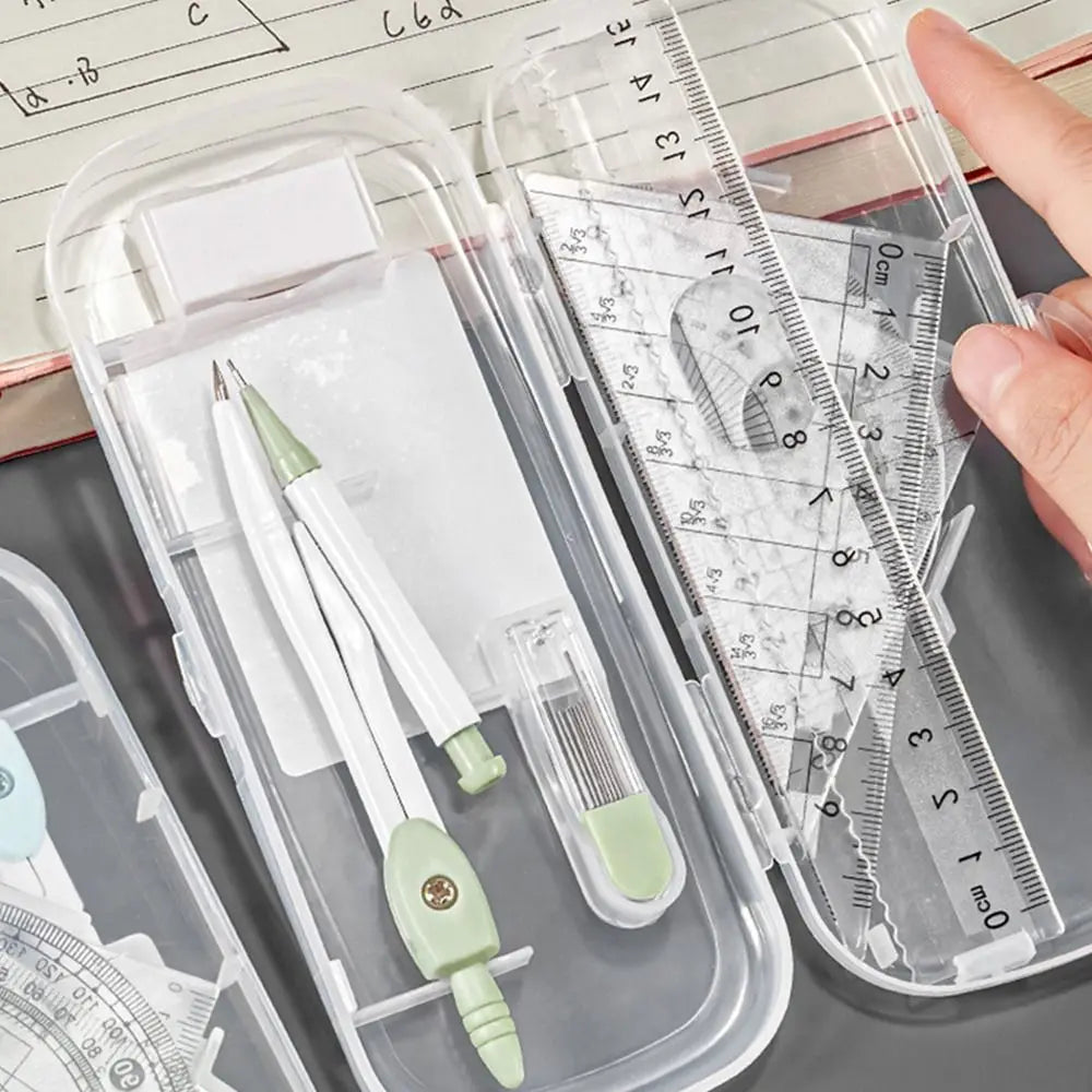 8-Piece Geometry Set – Transparent Rulers, Protractor, Compass & Eraser