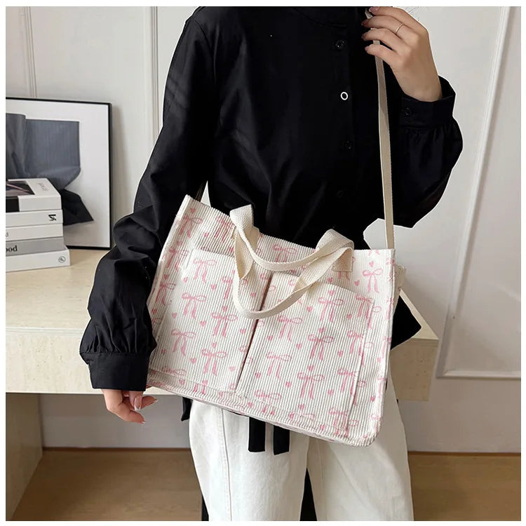 Strawberry Bowknot Canvas Tote Bag