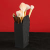 A black coffin-shaped makeup brush holder with a spider web design filled with various makeup brushes.