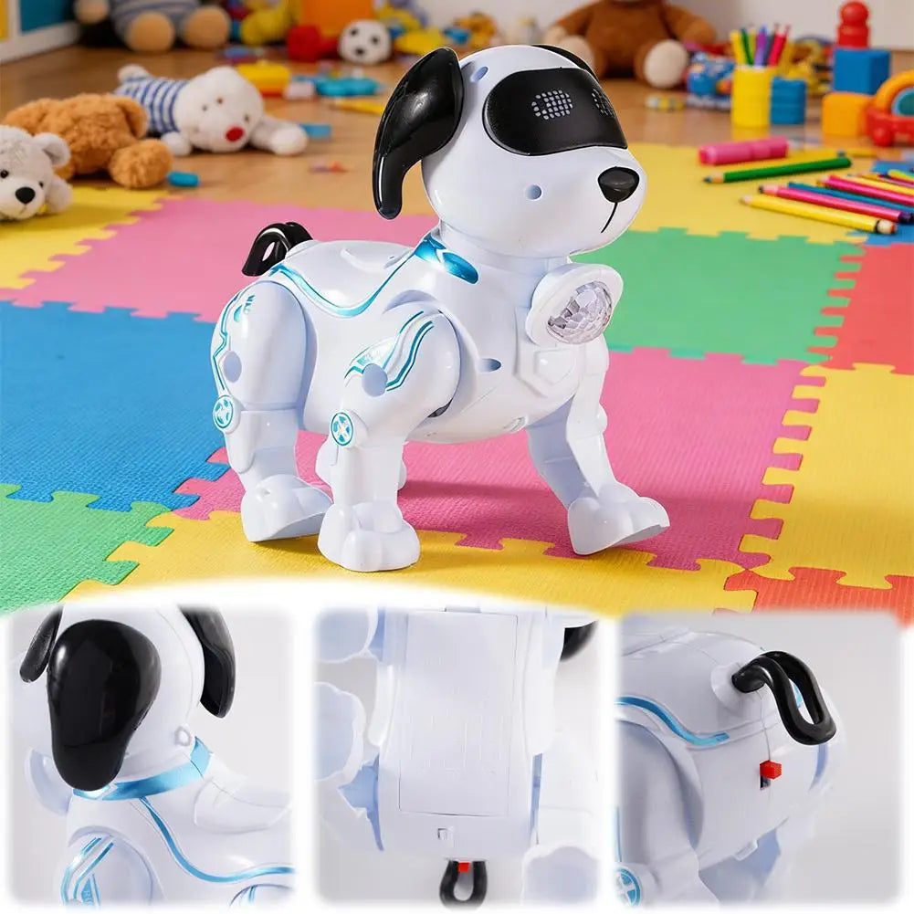 A white and black interactive robot dog toy is shown standing on a colorful mat, with close-ups of its features.