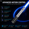 A close-up view of a silver lightsaber with a blue blade, demonstrating advanced motion control features.