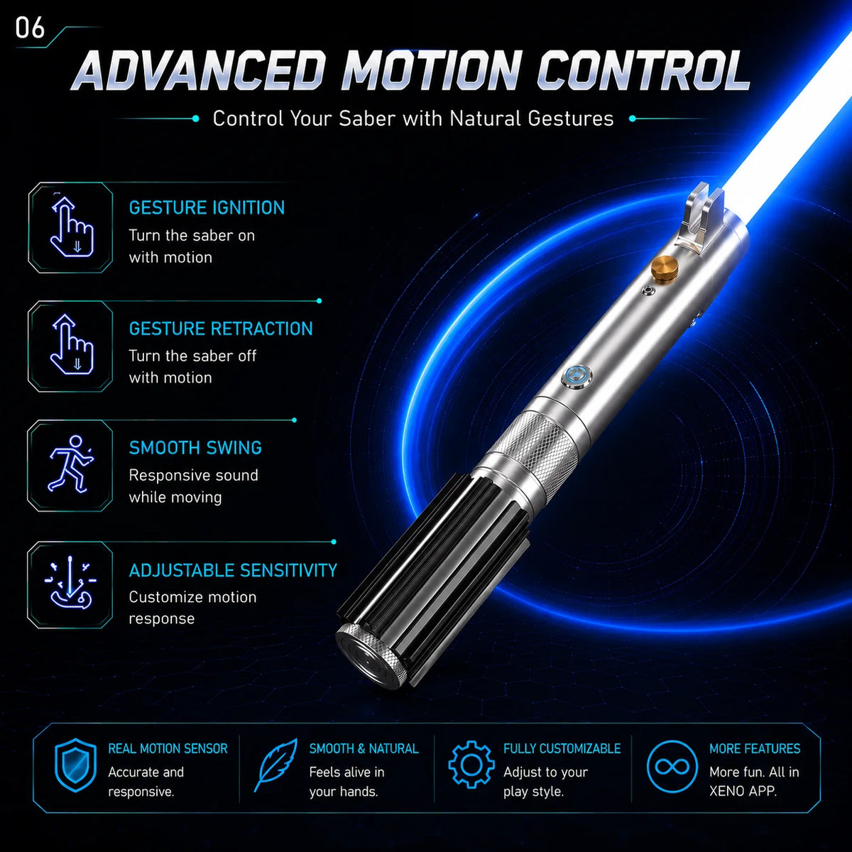 A close-up view of a silver lightsaber with a blue blade, demonstrating advanced motion control features.