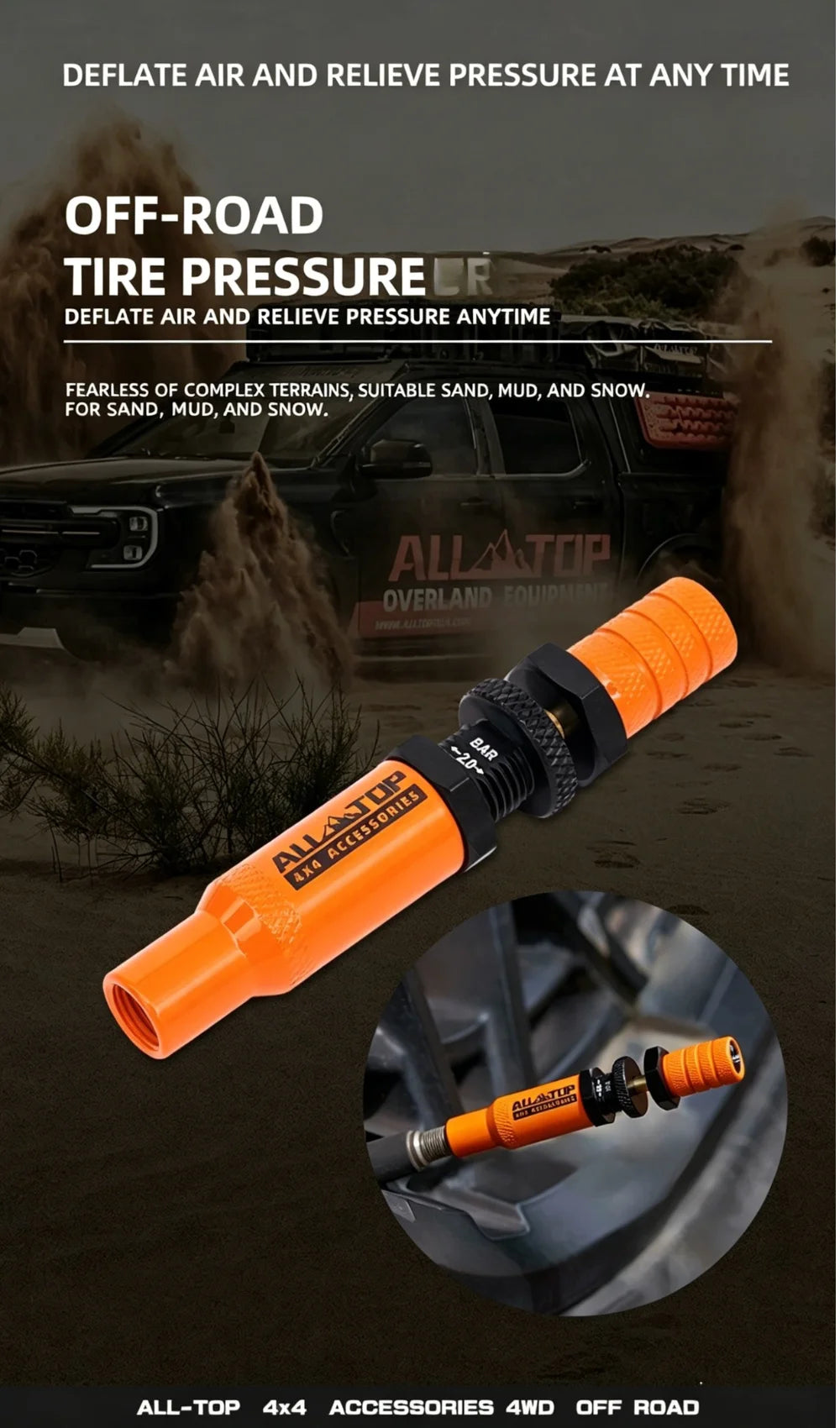 Orange All-Top accessories tire pressure deflator kit shown next to a vehicle in an off-road setting.