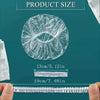 A transparent plastic shower cap is shown in various sizes, including a disc and a strip.