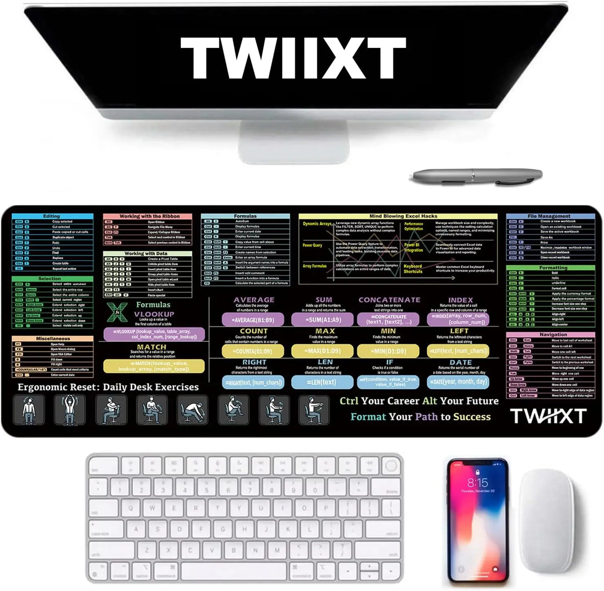 Excel Shortcut Large Mouse Pad with Stitched Edges