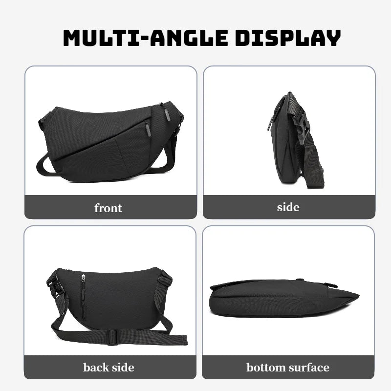 Multi-angle display showing the front, side, back side, and bottom surface of a black practical chest bag.