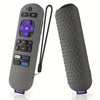 A gray silicone remote cover for a Roku device shown next to the detached cover.