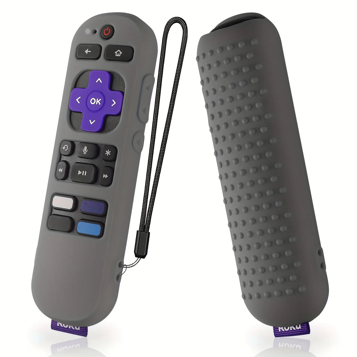 A gray silicone remote cover for a Roku device shown next to the detached cover.