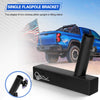 A black flagpole bracket is shown mounted on a truck hitch, with an illustration of the product and a blue pickup truck in th