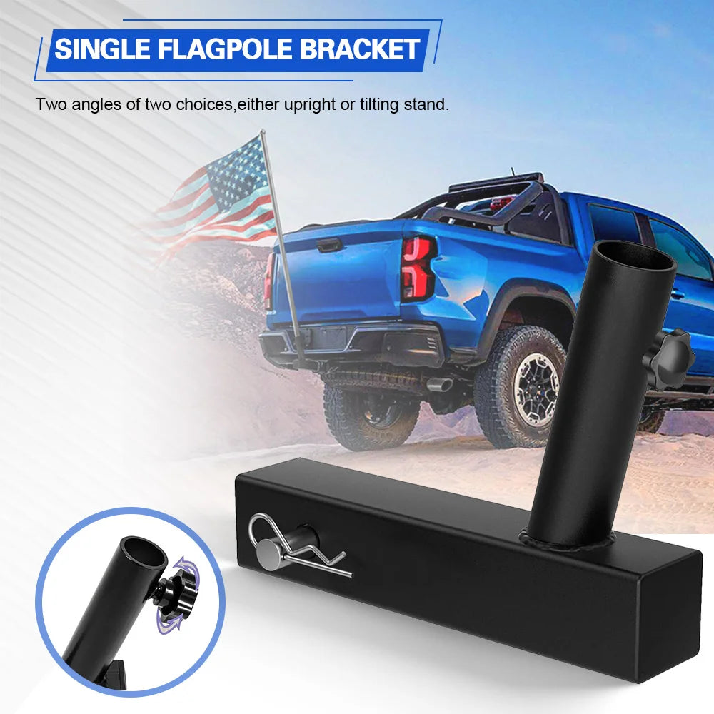 A black flagpole bracket is shown mounted on a truck hitch, with an illustration of the product and a blue pickup truck in th