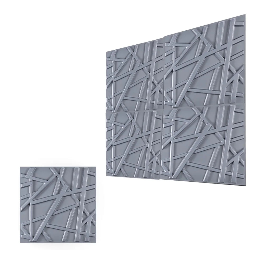 A close-up view of gray 3D diamond textured wall panels installed on a vertical surface.