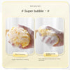 A hand is squeezing a yellow, bubbly bath sponge ball demonstrating rich foaming and super soft elastic rubbing.
