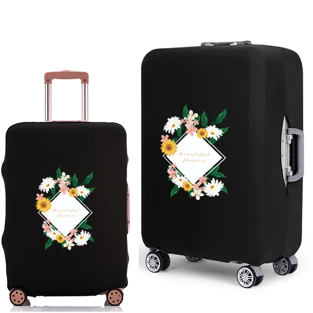 Black elastic suitcase protective cover featuring a beautiful floral design with white and yellow flowers