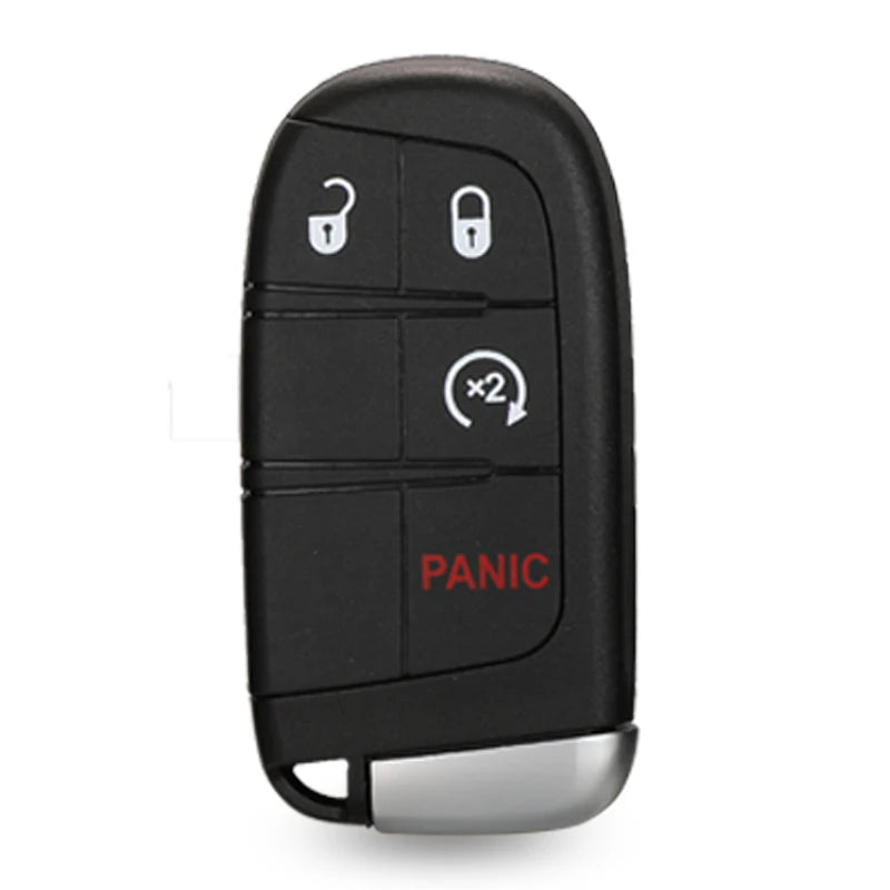 Black replacement key fob shell with buttons for Jeep, Dodge, Chrysler, and Fiat vehicles.