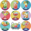 A set of DIY diamond art coasters featuring various fruit and drink designs on a metal stand.