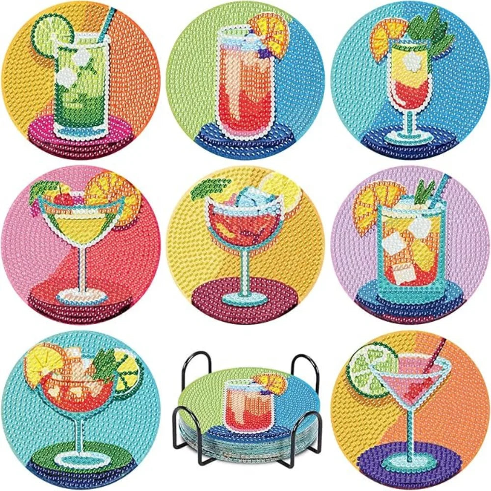 A set of DIY diamond art coasters featuring various fruit and drink designs on a metal stand.