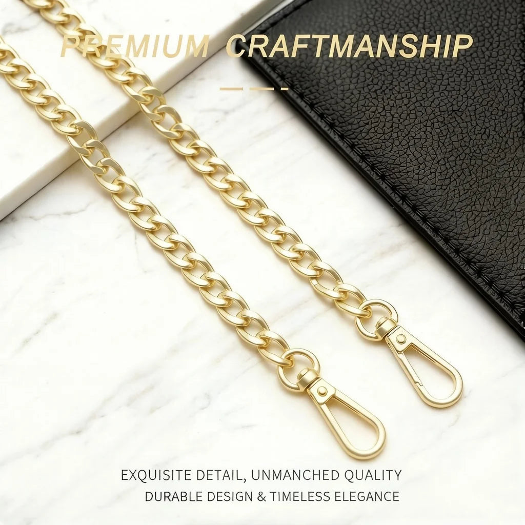Gold metal chain strap for a handbag or crossbody bag displayed on a white marble surface.