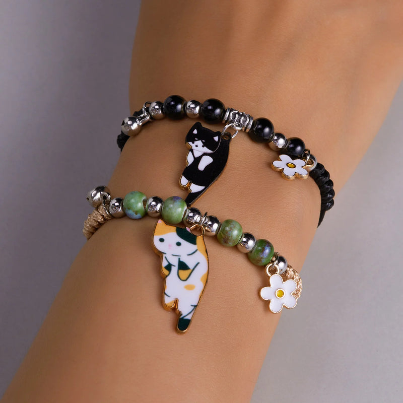 Enamel Cat & Flower Charm Bracelet