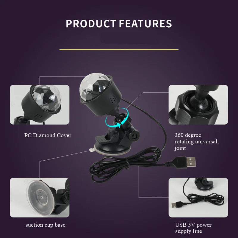 Features of an RGB LED Disco Ball Light including a PC Diamond Cover, suction cup base, and USB power supply line.