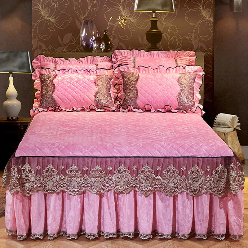 Lace Bed Skirt Set with Matching Pillowcases