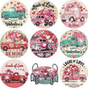 A set of DIY diamond art coasters featuring pink and green vintage trucks with floral accents.