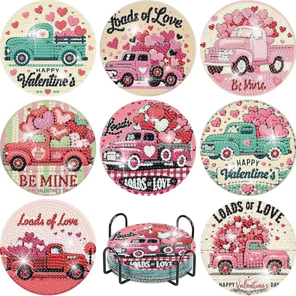 A set of DIY diamond art coasters featuring pink and green vintage trucks with floral accents.