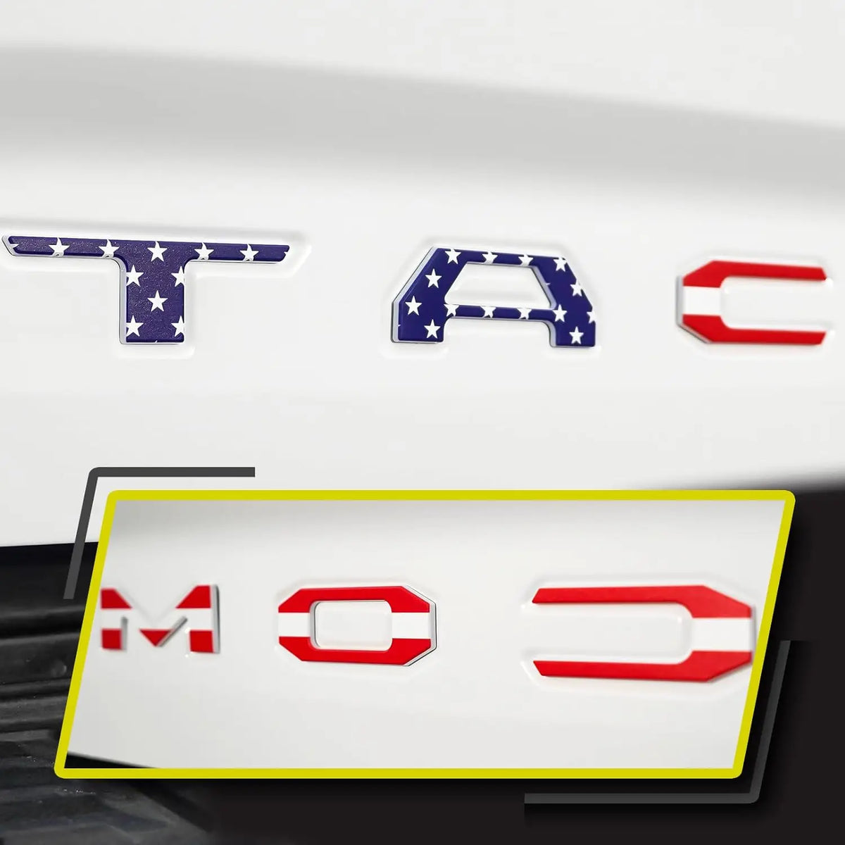 Three 3D letter emblems T, AC, and C for a Toyota Tacoma tailgate.