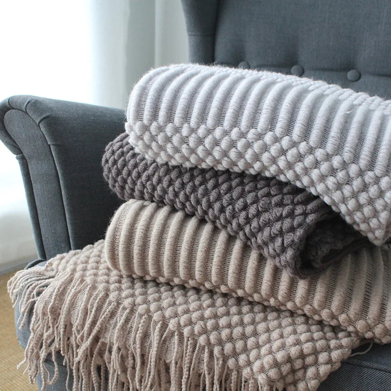 Khaki Knitted Throw Blanket with Tassels