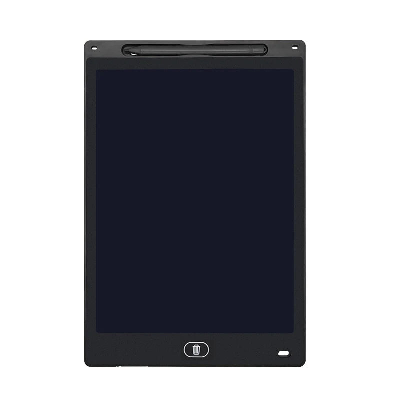 Schwarzes, verstellbares LCD-Zeichen-Tablet mit dunklem Bildschirm und silbernem Logo.