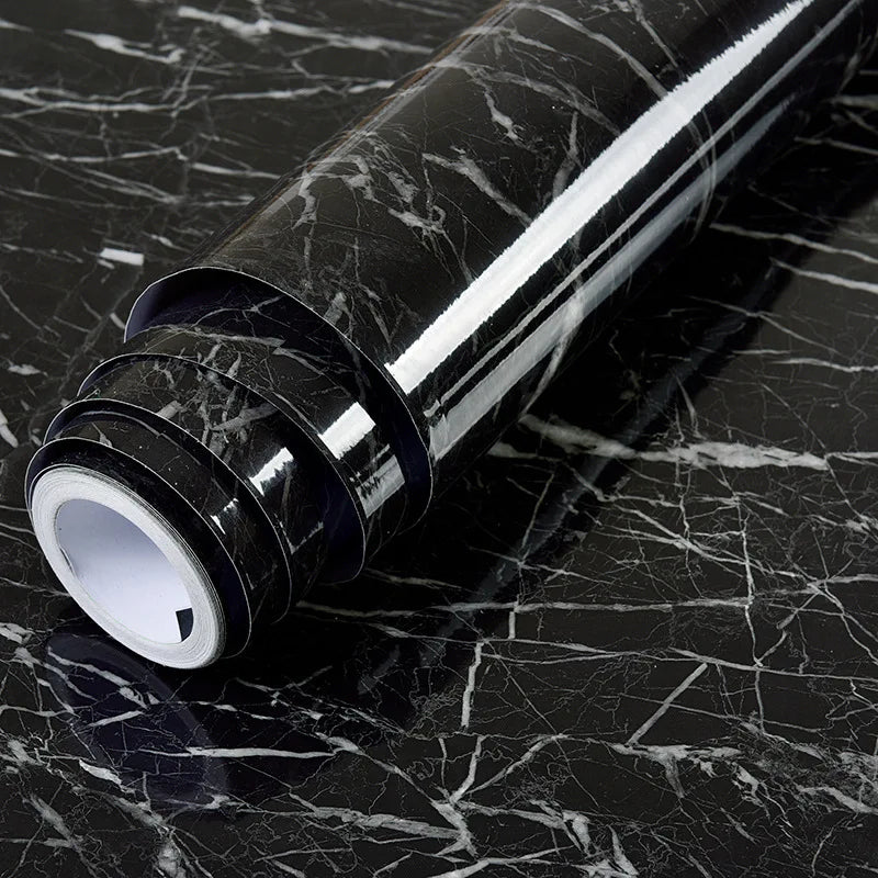 Roll of black and white marble contact paper for kitchen and furniture