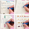 A set of reusable handwriting practice books showing alphabet tracing, number writing, and drawing exercises.
