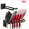 A set of heavy-duty black and red storage hooks for hanging garden tools.